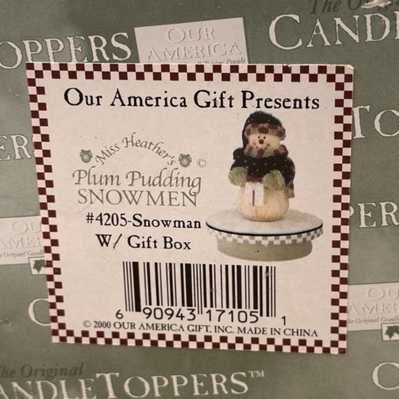 Miss Heather's Candle Topper Plum Pudding Snowman Holding Gift NEW - Picture 9 of 9